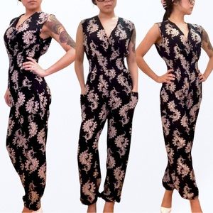 *NEW* Cotton Smocked Waist Sleeveless V-Neck Baroque Print Jumpsuit w/ Pockets